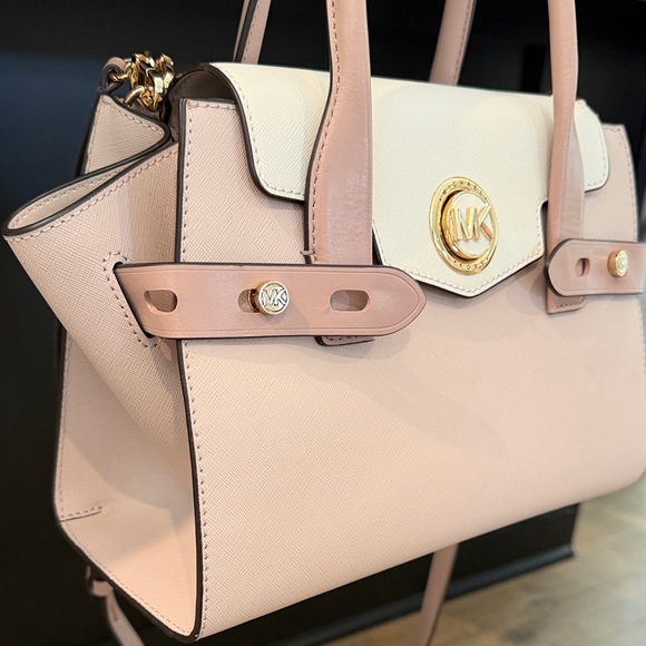 Michael Kors Carmen Medium Color-Block Saffiano Leather Blush Belted Satchel - Picture 6 of 12